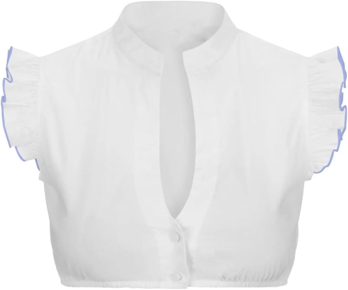 Dirndl Bluse Damen, Dirndl Bluse Damen Spitze Flügelärmel Hochgeschlossen Trachtenbluse Weiß Elegante Dirndlbluse mit Knopf Hollow Out Bavarian Oktoberfest Dirndlblusen für Damen Trachtenblusen