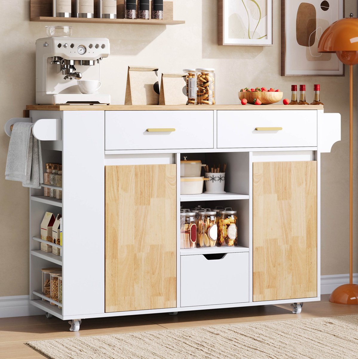 MODENUIT Keukeneiland 120 x 45 Tot 71 x 90 cm - Uitklapbaar Werkblad, 3 Lades - Keuken - MDF Wit