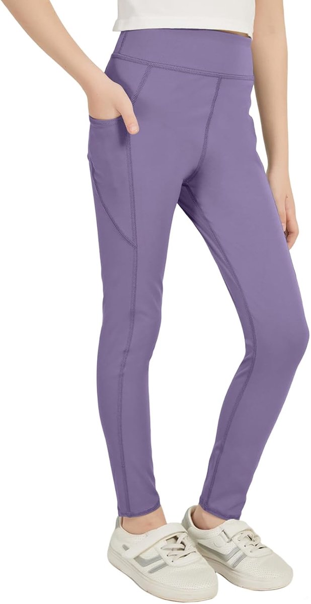 Sportlegging voor meisjes, lange sportbroek met 2 zakken, zwarte leggings, turnbroek, gymnastiekbroek voor joggen, training, yoga
