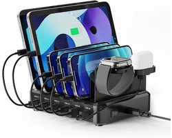 Universeel Oplaadstation met 6 USB-poorten (4xUSB-C 65W + 2xUSB-A), Europlug 130 W, met Houder voor Smartwatch en Oordopjes, voor Smartphone/Tablet/Laptop, Snelladen PD3.0/QC3.0, Compact Ontwerp