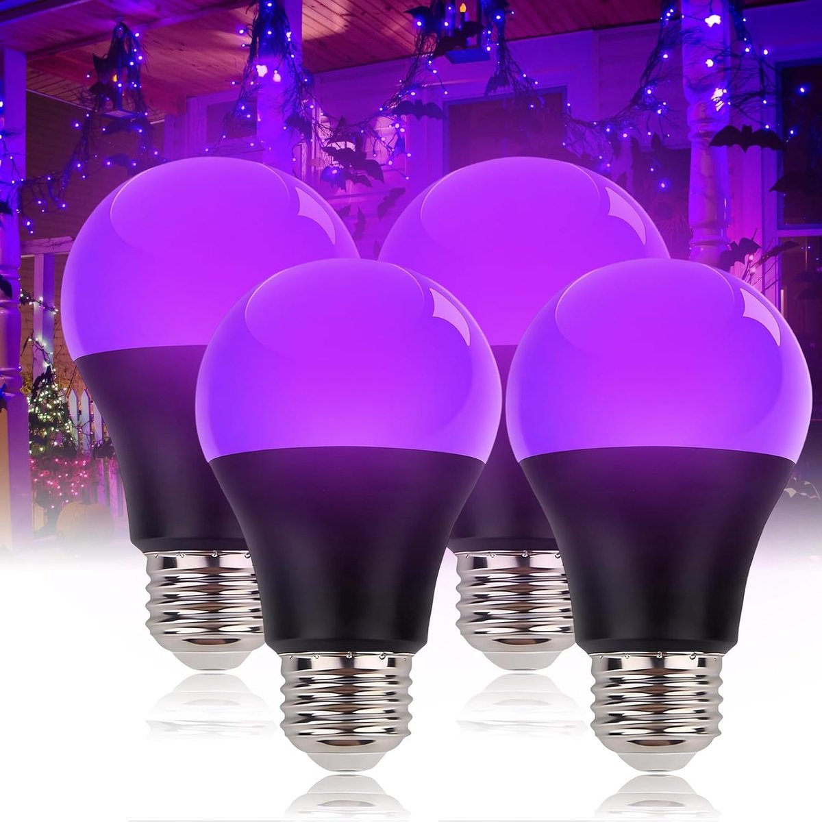 9W UV Zwarte Lichtbol, Paarse Verlichting, E27 Zwarte Nachtlampje 395nm UV-Licht voor Lichaamsverf, Kinderfeest, Halloween, Feest, Discoschool voor Clubs (4 stuks, zwart)
