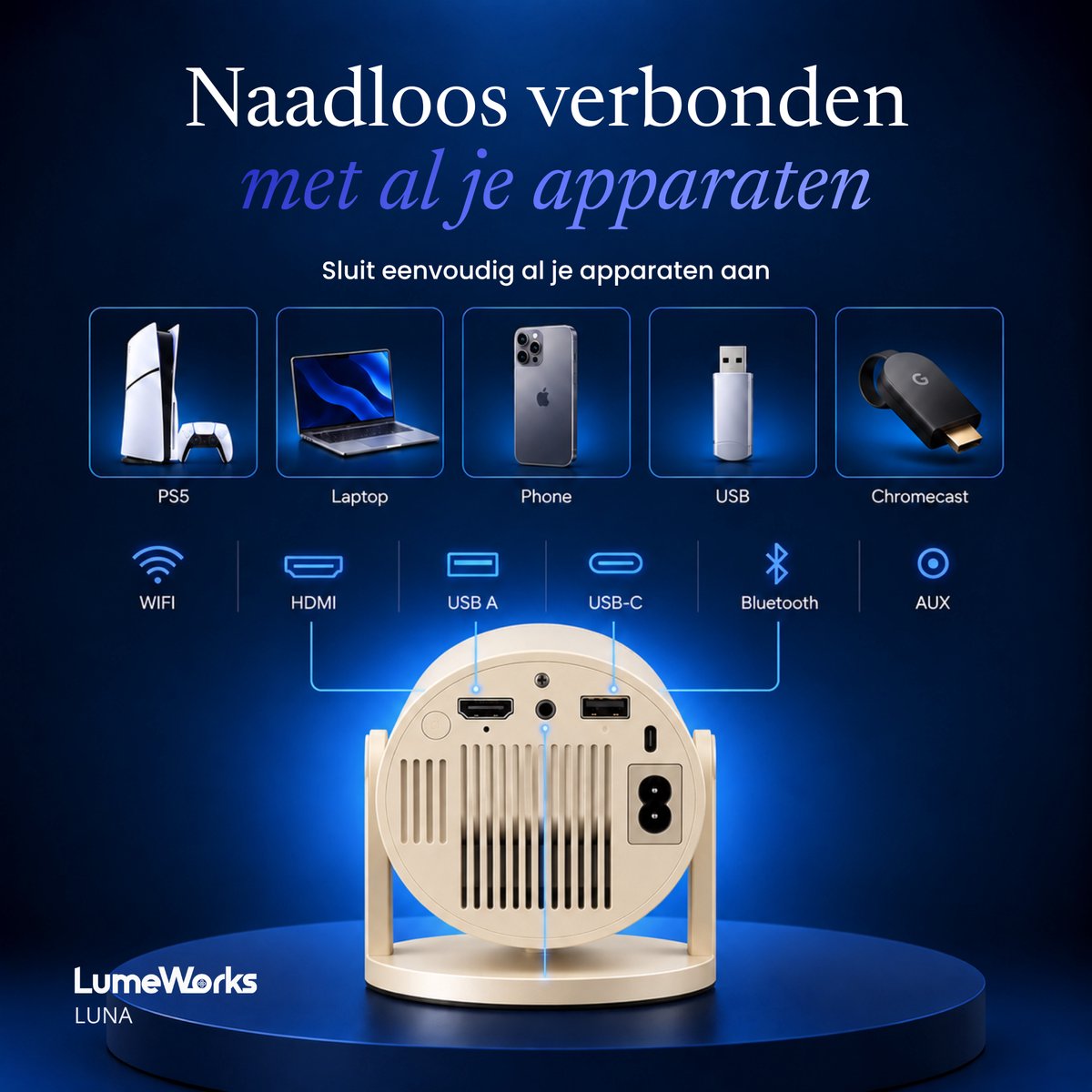 LumeWorks Luna Mini Beamer 2026 - 4K Support - Smart Projector met Android 14 - WiFi 6 & Bluetooth - Home Cinema - Draagbaar - Streamen vanaf Telefoon - Wit thumbnail 3
