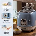 Blauwe Ariete vintage broodrooster met 6 bruiningsniveaus, inclusief tosti-klemmen en kruimellade.