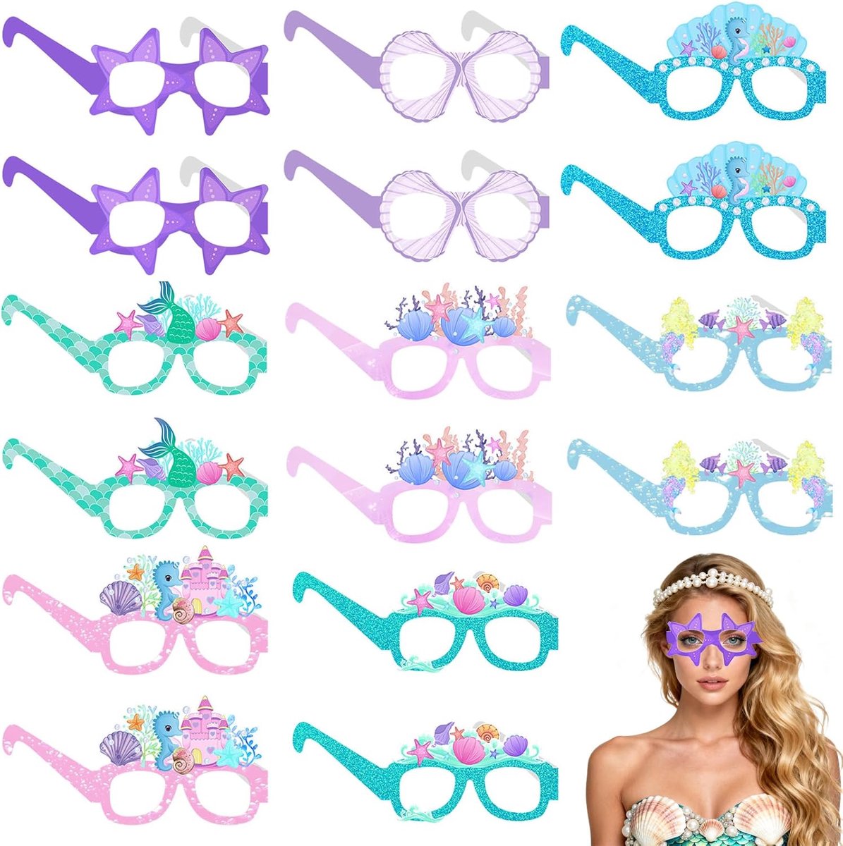 Brillen Set 16 Stuks, Visvorm Party Brillen met Zeemeermin en Oceaan Design, Kleurrijke Fotobooth Accessoires voor Verjaardag, Hawaii Thema, Strandfeest en Zomerfeest