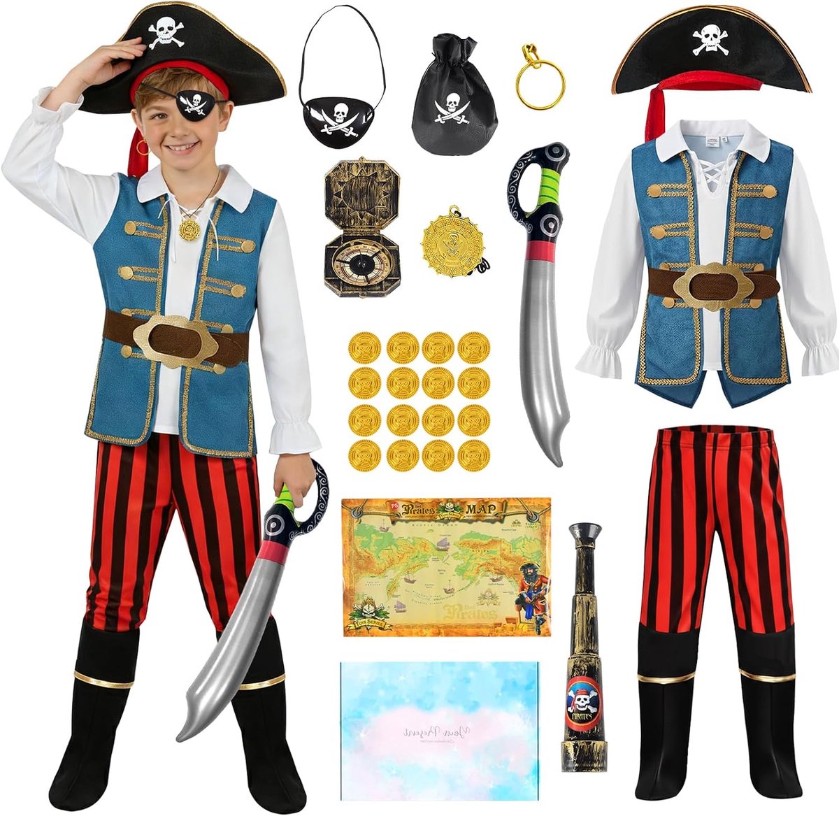 Piratenkostuum voor kinderen, piratenkostuum met hoed, kompas, kaart en accessoires, cadeau voor jongens, cosplay, piratenkostuum voor carnaval, Halloween, feest