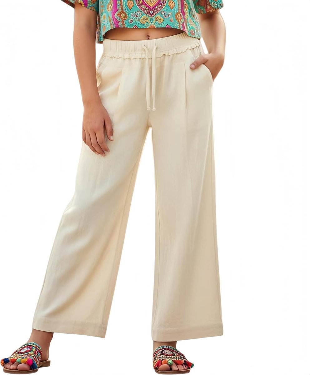 Linnen broek voor meisjes, palazzo, losse taille, elastische taille, vloeiend, strand, met zakken