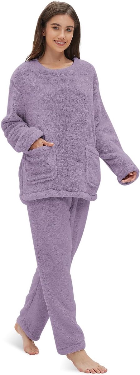 Koraalfleece Pyjamaset Voor Dames - Nachtkleding, Huiskleding, Bovendeel Met Lange Mouwen en Warme Broek, Pyjama Met Zakken, Maat S-2XL