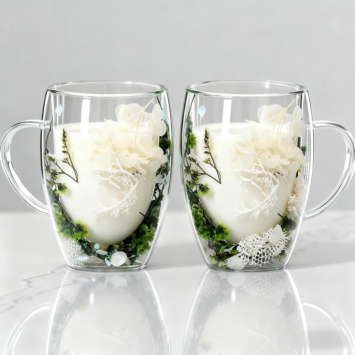 350 ml Dubbelwandige glazen mokken met gedroogde bloemen, set van 2, dubbel geïsoleerde koffiemokken met handgrepen, drankglazen, theekop, mokken voor koffie, thee, melk, sap, ijs (groene