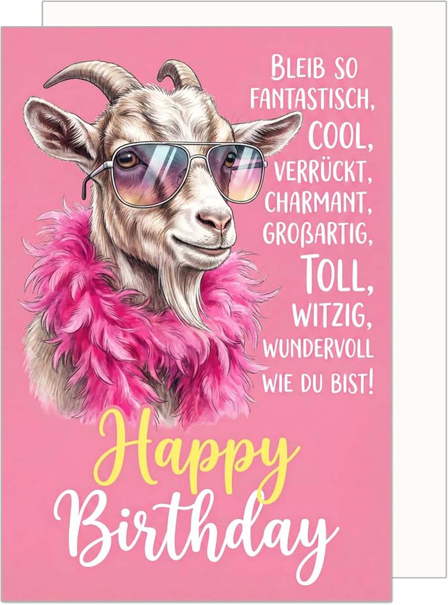 Seidel Premium wenskaart voor verjaardag met envelop wenskaart spreuk geitenbock zonnebril roze dier grappig humoristisch (G3846 SW025)