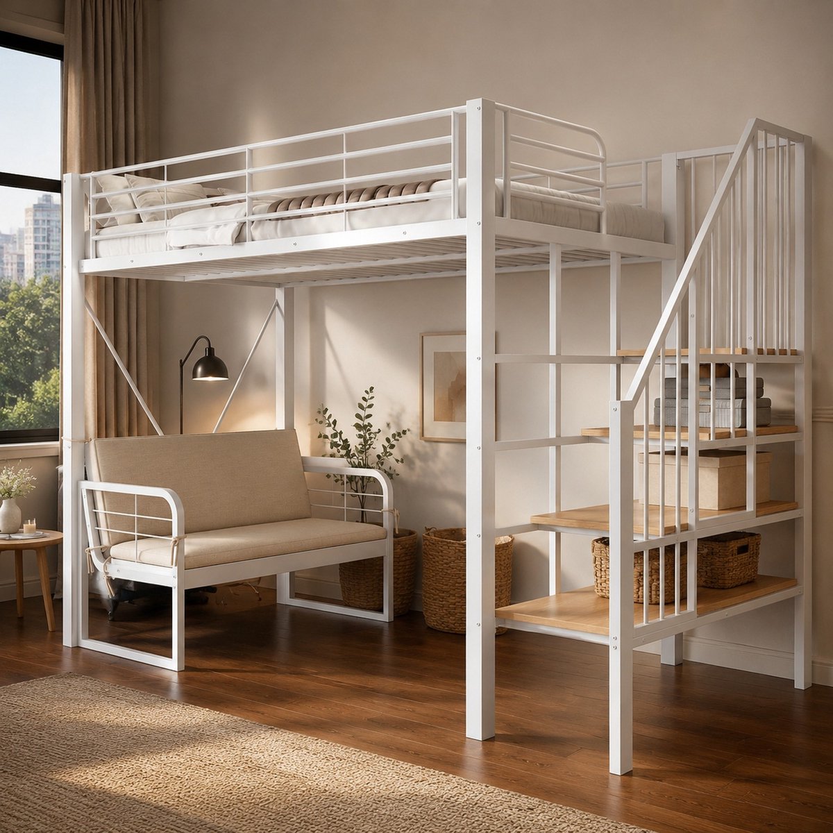 WUVRIE Stapelbed 90x200 cm met afneembare bank, opbergtrap en valbeveiliging, wit