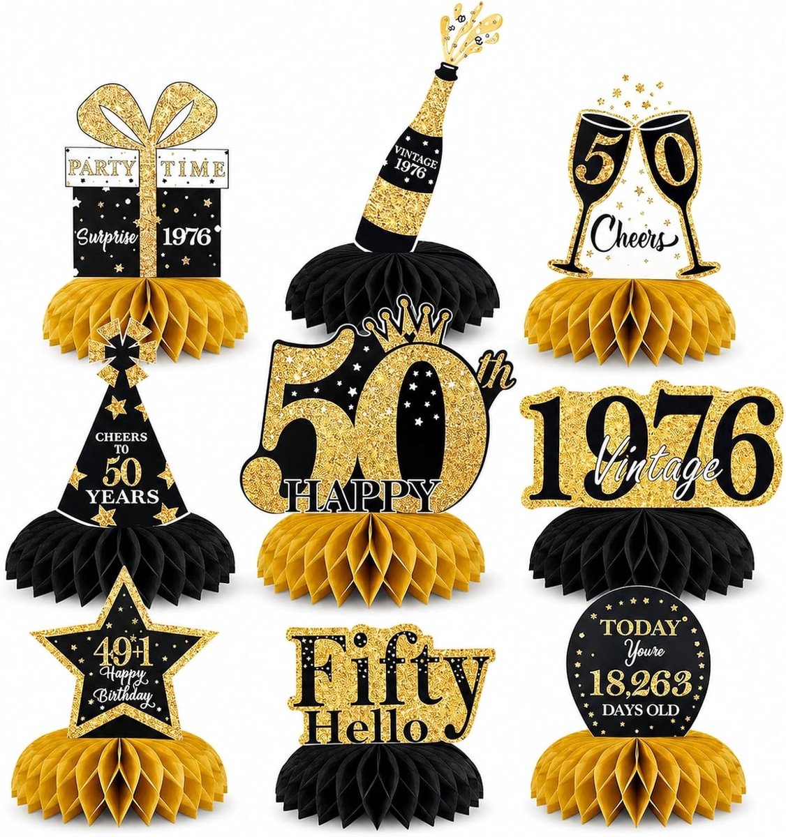 Tafeldecoratie voor de 50e verjaardag, zwart en goud, 9 stuks
