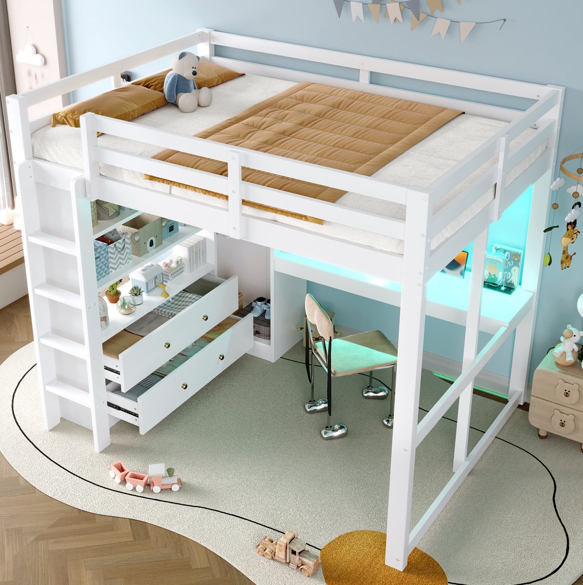 WUVRIE Hoogslaper 140x200 cm met bureau, 2 lades, open kledingkast, LED en USB, wit