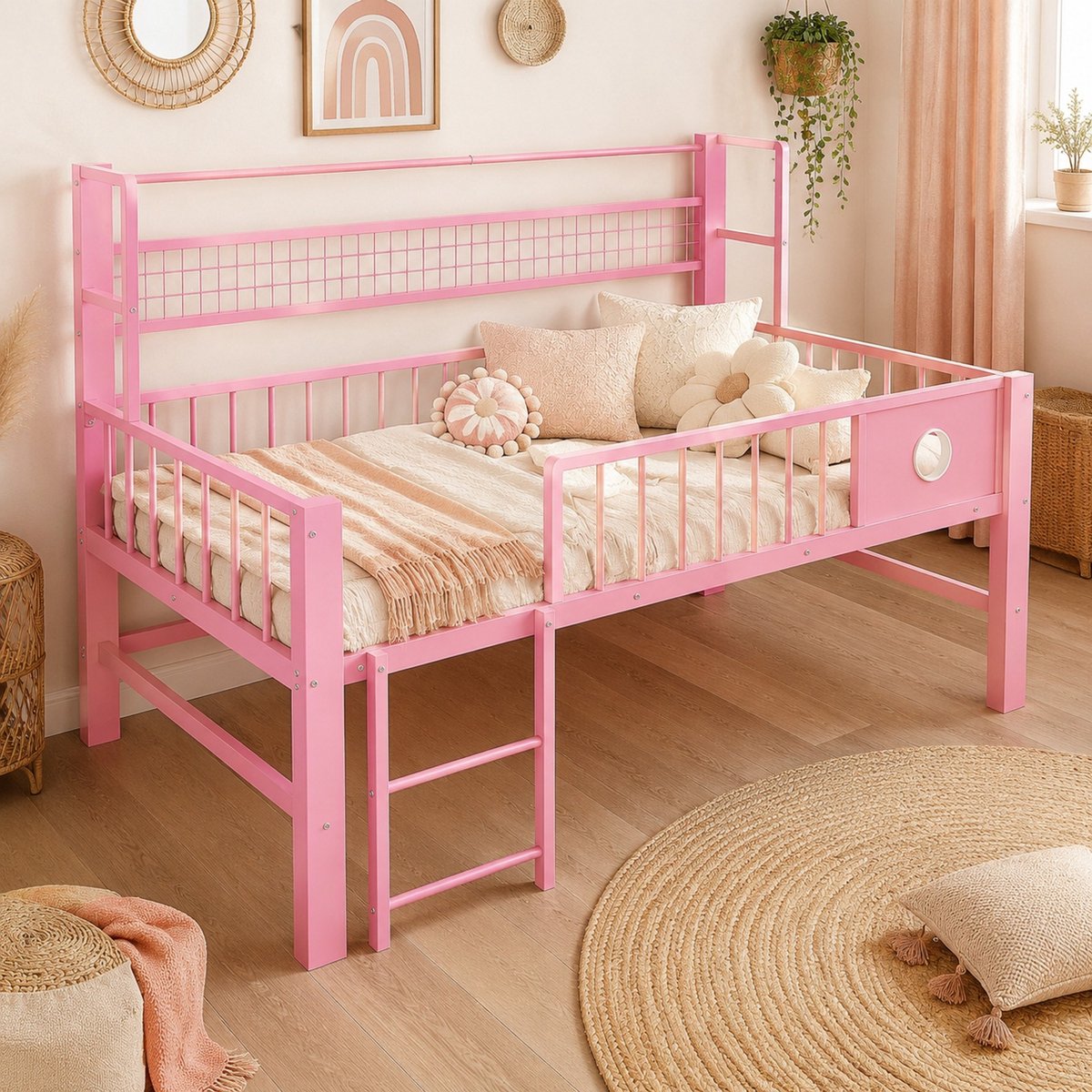 WUVRIE Halfhoogslaper 90x200 cm met veiligheidshekken, opbergruimte en kledingroede, roze
