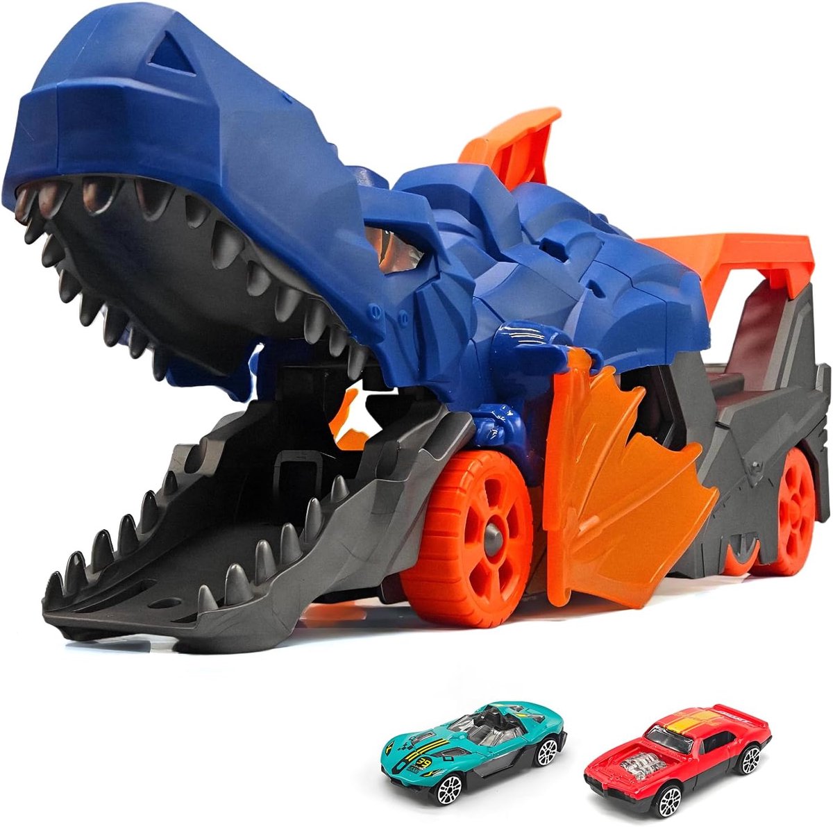 Dinosaurus Katapult Auto - Vrachtwagen Speelgoed Autotransporter Speelgoed Met 2 Mini-Auto'S Van Metaal Voor Kinderen Van 3-6 Jaar, Voor Het Opbergen Van Maximaal 5 Voertuigen (Blauw)