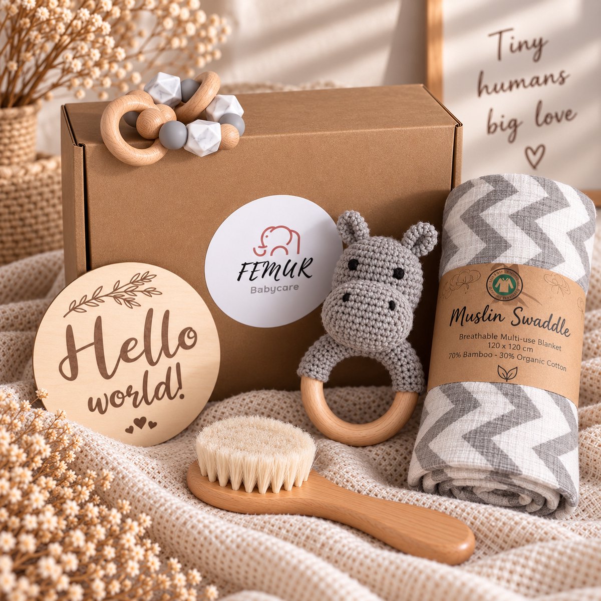 Baby Geboorte Set – Baby Speelgoed – New Born Set – Geschenk Set - Kraamcadeau – Babyshower – Gender Reveal Party - Bijtring – Handgemaakt – Natuurlijke Materialen – Speenkoord - Nijlpaard