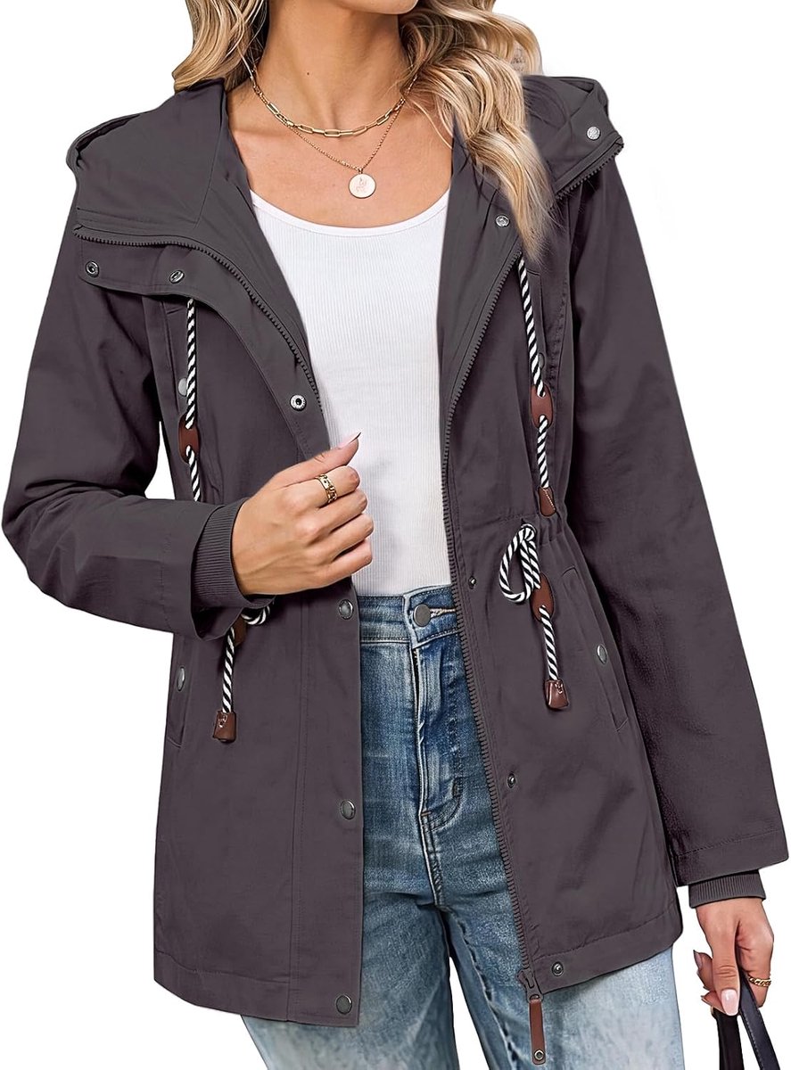 Girl Damesjas, lente, parka, lange jas, katoen, elegante mantel met capuchon en trekkoord, winddicht, lichte jas met ritssluiting, zakken, outdoor