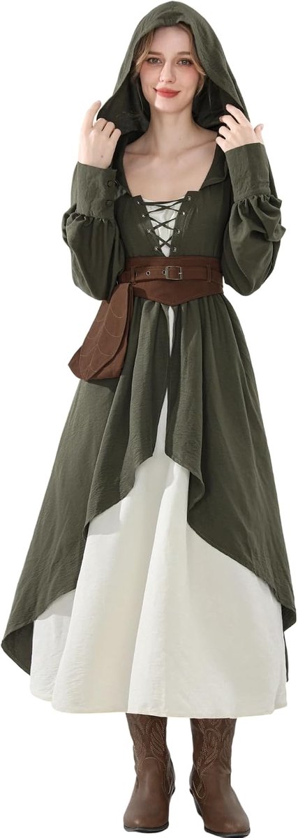 Kleding voor dames, met capuchon en riemtas, moordenaarskostuum, Vikingkostuum voor Halloween, carnaval