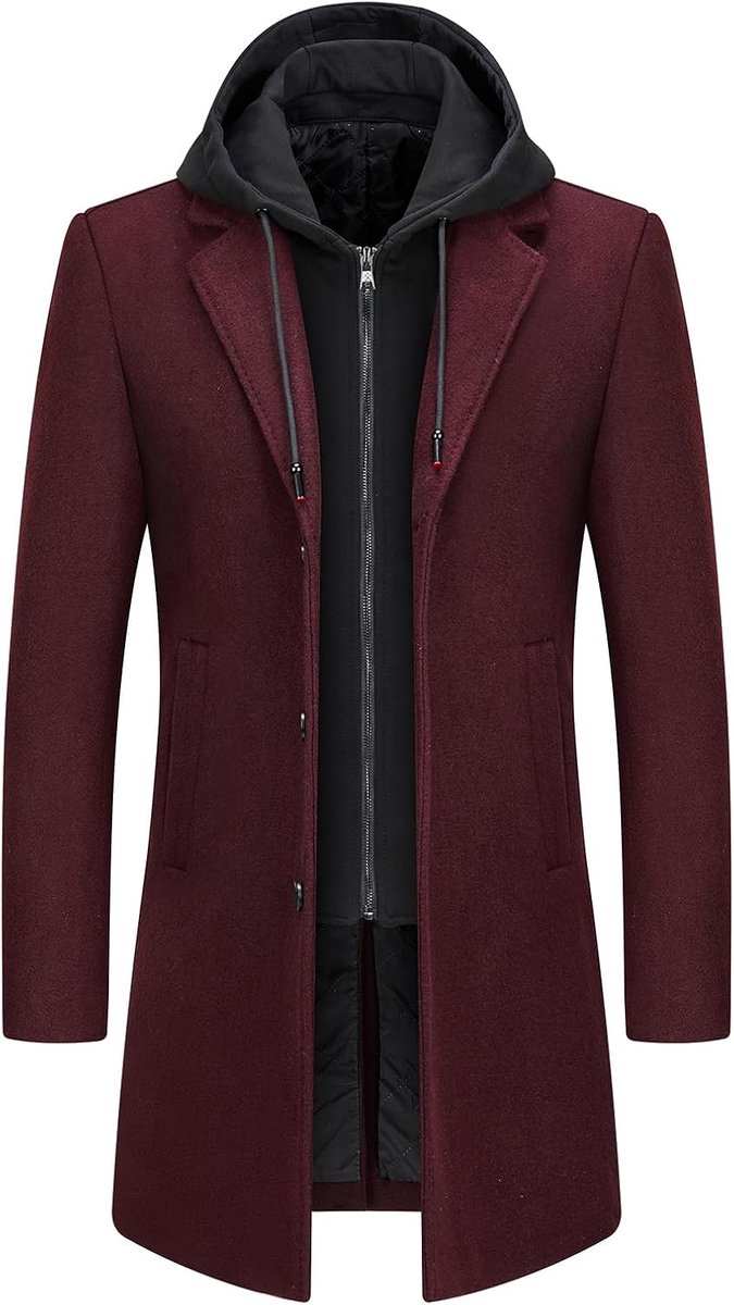 Trenchcoat voor heren, effen, casual, gewatteerd, outdoor, overcoat, lange capuchon, warme jas