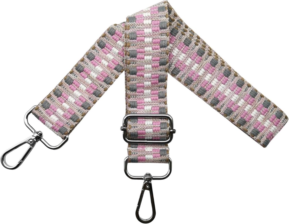 Tasriemen om te wisselen, verstelbare schouderriem voor tas, tasriem, breed, 3,8 cm, met zilveren karabijnhaak, schouderriem, tasband, draagriem voor handtassen, grijs/roze, S30