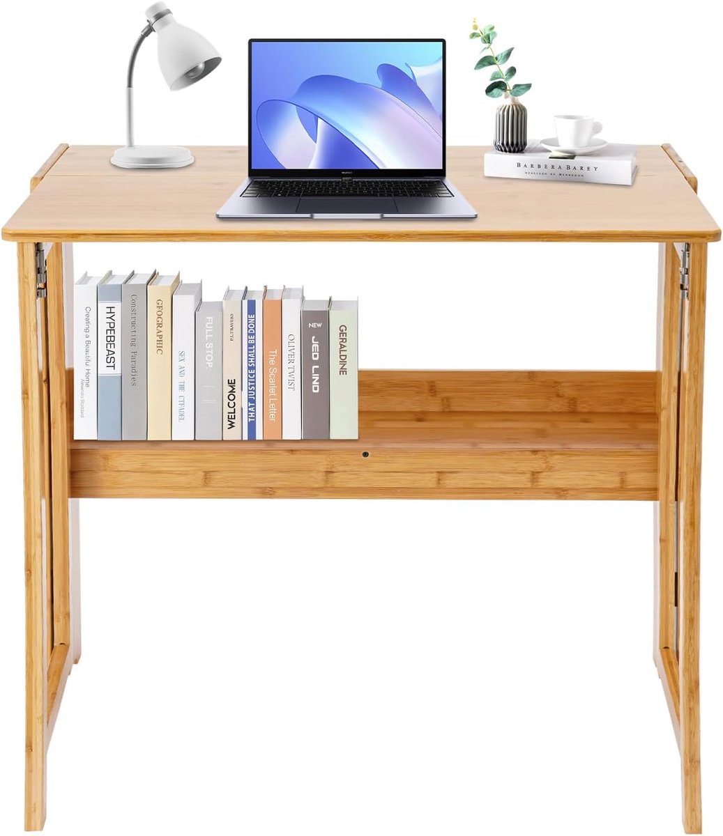 Klapbureau met opbergplanken, bureau, inklapbaar, secretaris, belasting, werktafel, computertafel voor werkkamer, kantoor, woonkamer, slaapkamer, ruimtebesparend, 83 x 54 x 76 cm, houtkleur