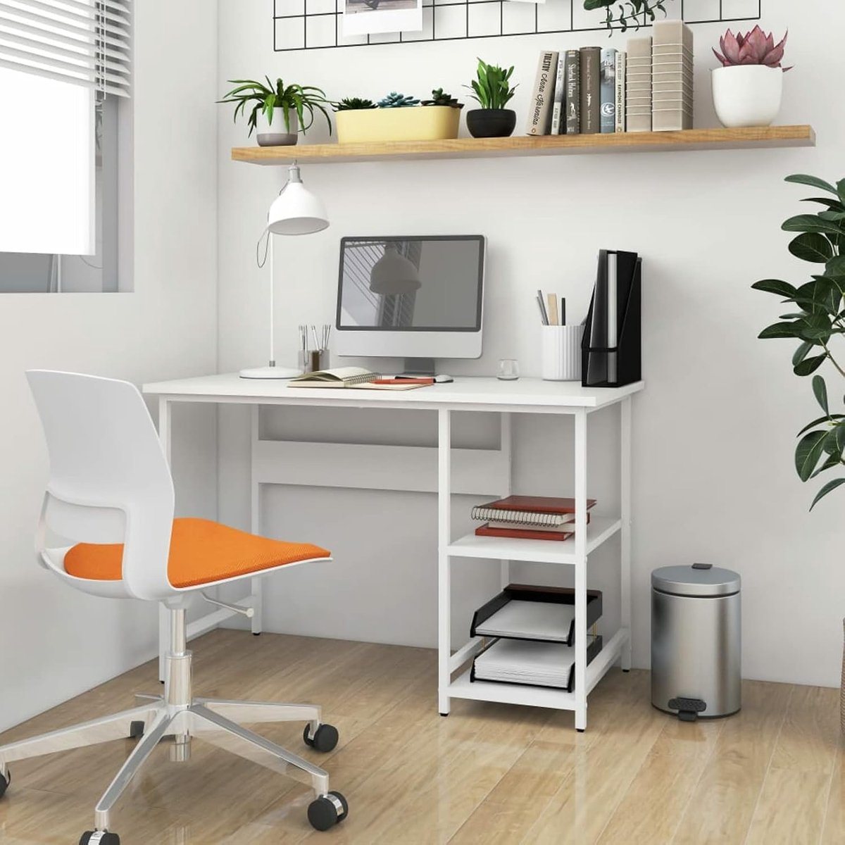 Bureau voor computer, bureau, compact bureau, computertafel, werktafel voor kantoor en studio, wit, 105 x 55 x 72 cm, van MDF en metaal
