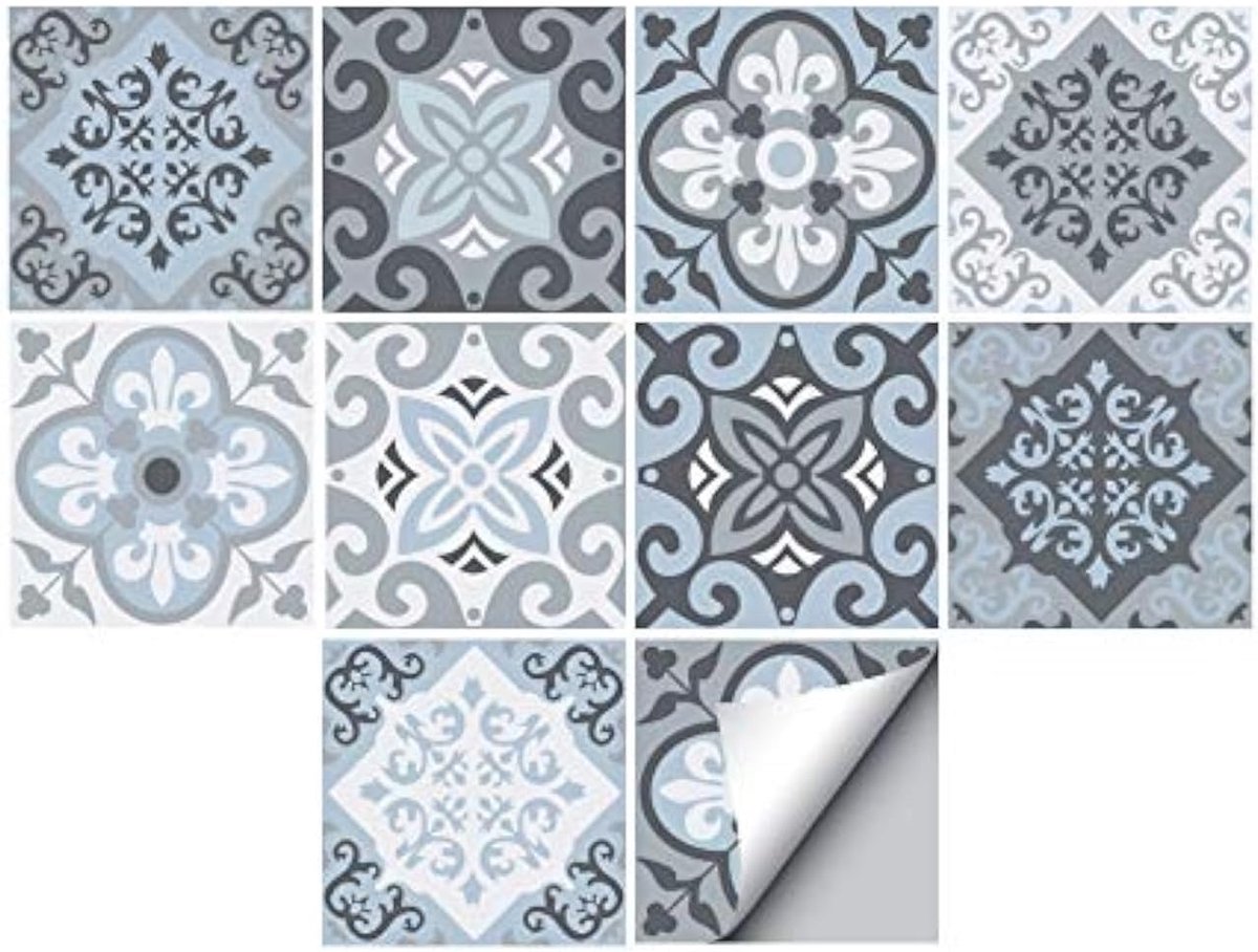 Tegelstickers voor vloer/wandtegels voor woondecoratie, om te verwijderen en op te plakken, zelfklevende spatbescherming, tegelstickers voor woonkamer, keuken, badkamer, decoratie, 10 stuks, 20 x 20 cm