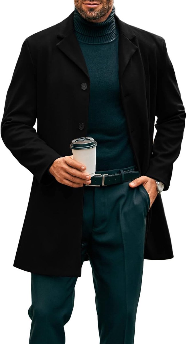 Herenmantel, lange trenchcoat, slimfit, winter, gekerfde kraag, jas, enkele rij, zakelijke overcoat