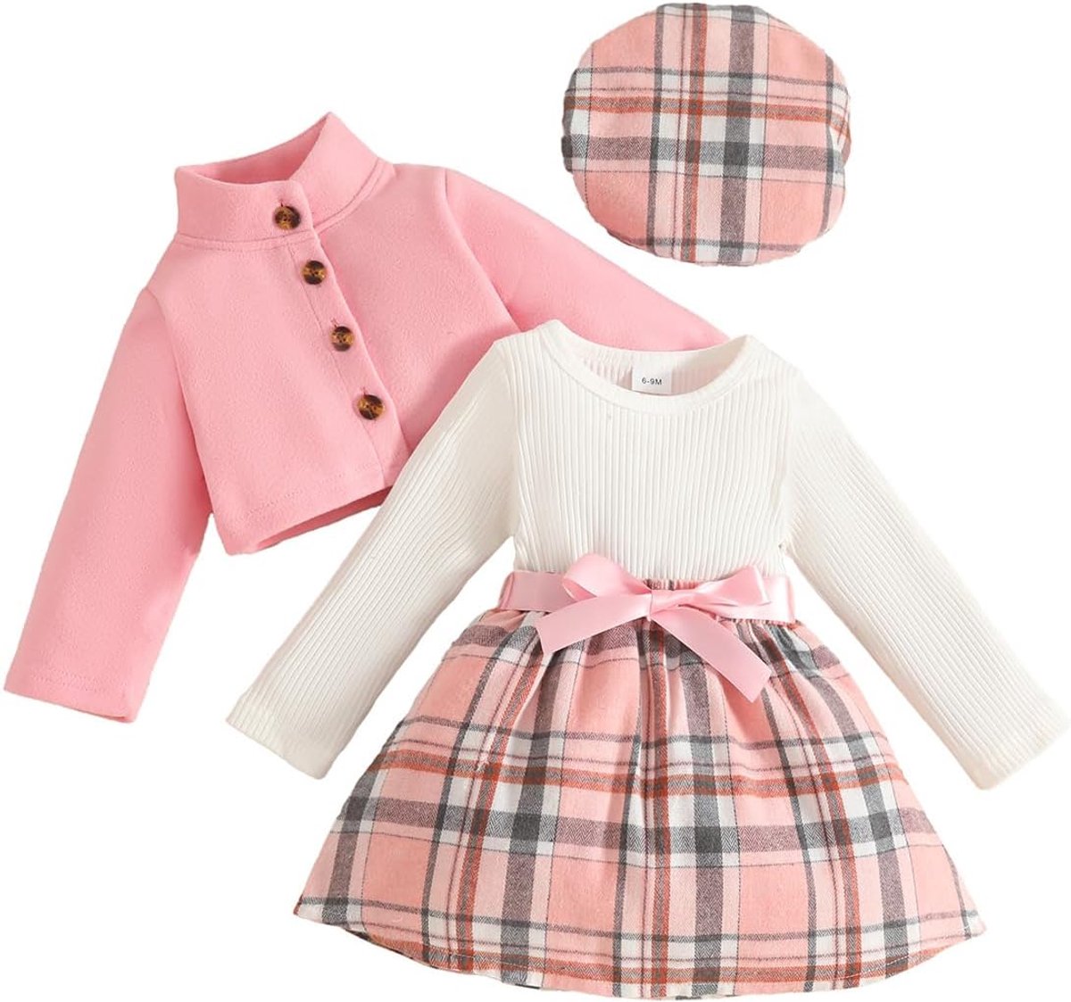 Geruite geribbelde jurk voor babymeisjes, jas en baret, 3-delige outfit