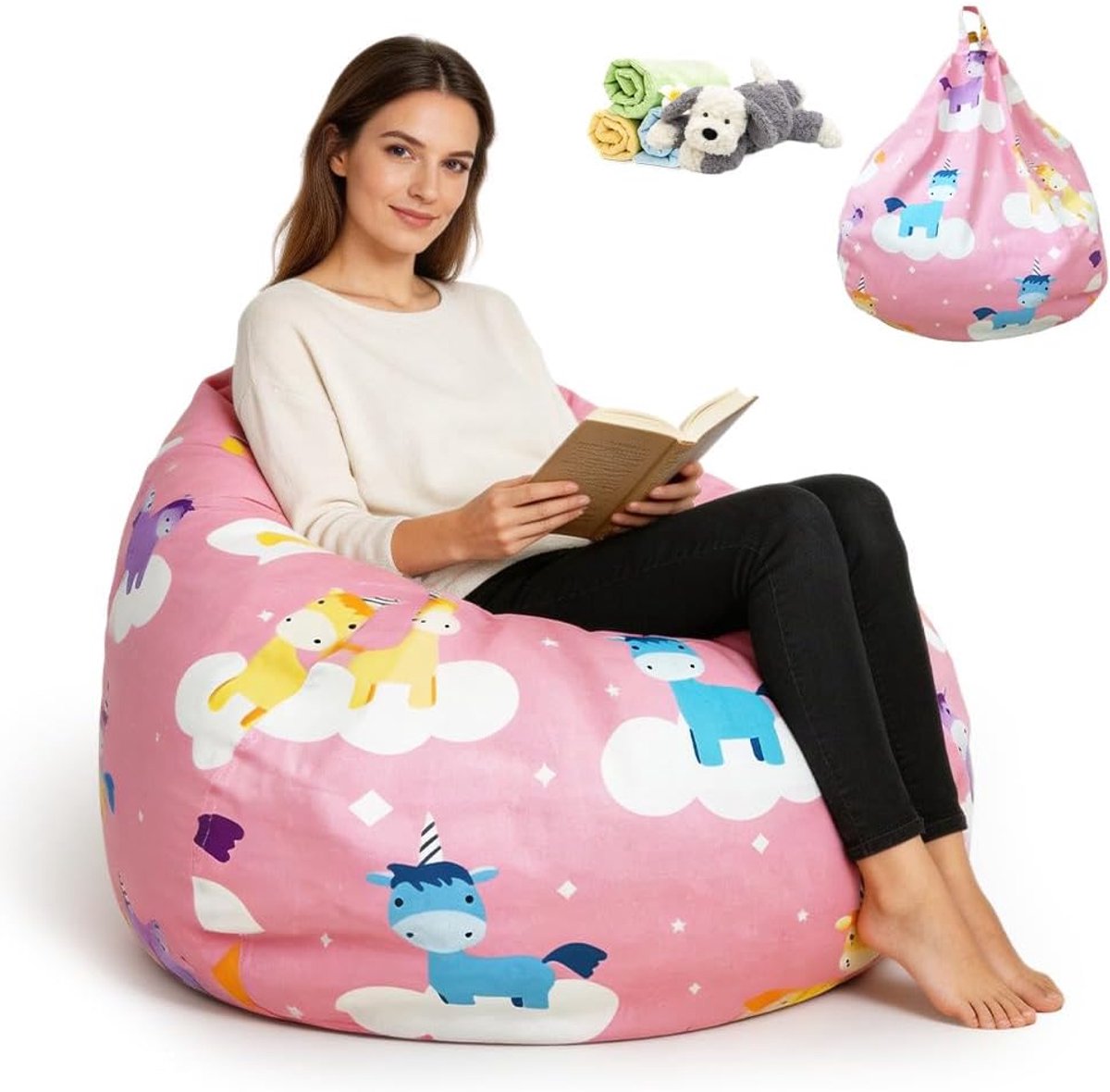 Zitzakhoes voor kinderen, voor knuffeldieren, speelgoedopslag voor kinderkamer, knuffeldieren, zitzak, speelgoedopslag met ritssluiting voor kleding, speelgoed (paard)