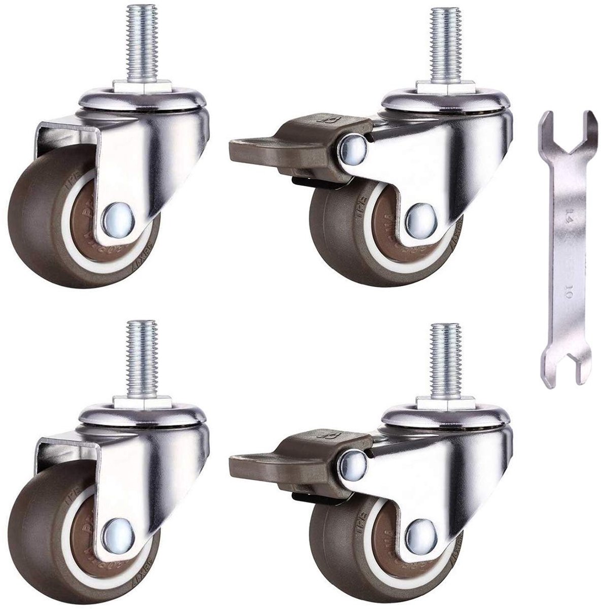 4 kleine wielen voor meubels 50 mm universele wielen, M10x 25 mm zacht rubber TPE-schroefdraad mini wielen meubelwielen (2 stuks met rem)