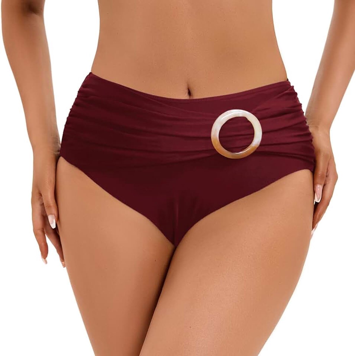 Zwembroek voor dames, hoge taille, ruches, buikweg, met rond design