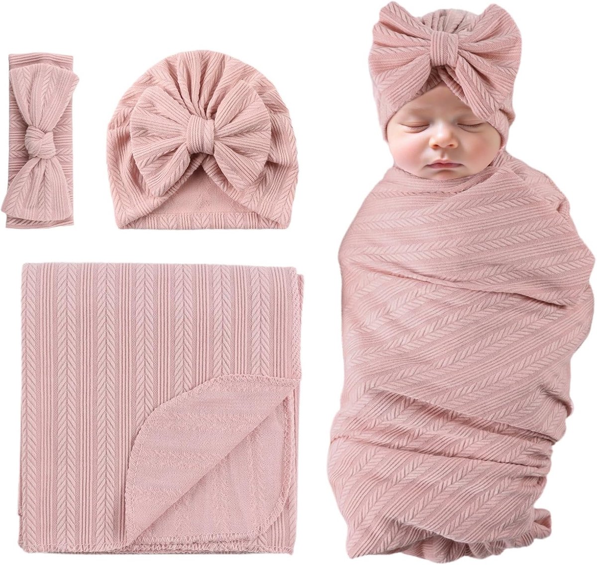 Pucktuch voor pasgeborenen, Swaddle voor peuters, meisjes, hoed, hoofdband, slaapzak (donker roze)