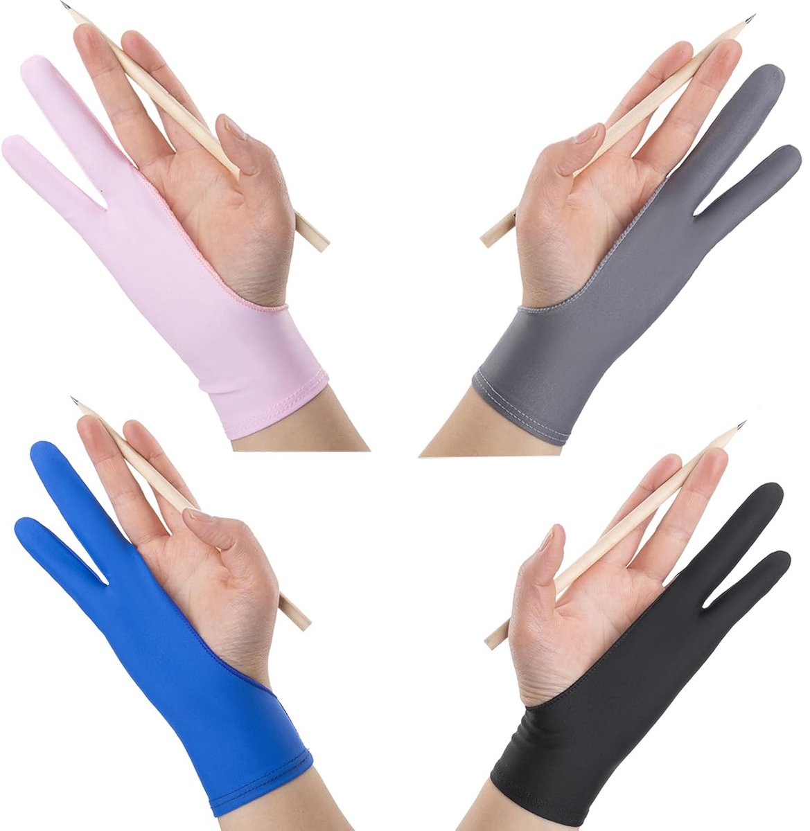4 stuks kunstenaarshandschoenen, antifouling, digitaal, 2-vinger tekenhandschoenen, anti-touch smeerbescherming, linker- en rechterhand voor tekenring, maat M, zwart, grijs, blauw, roze