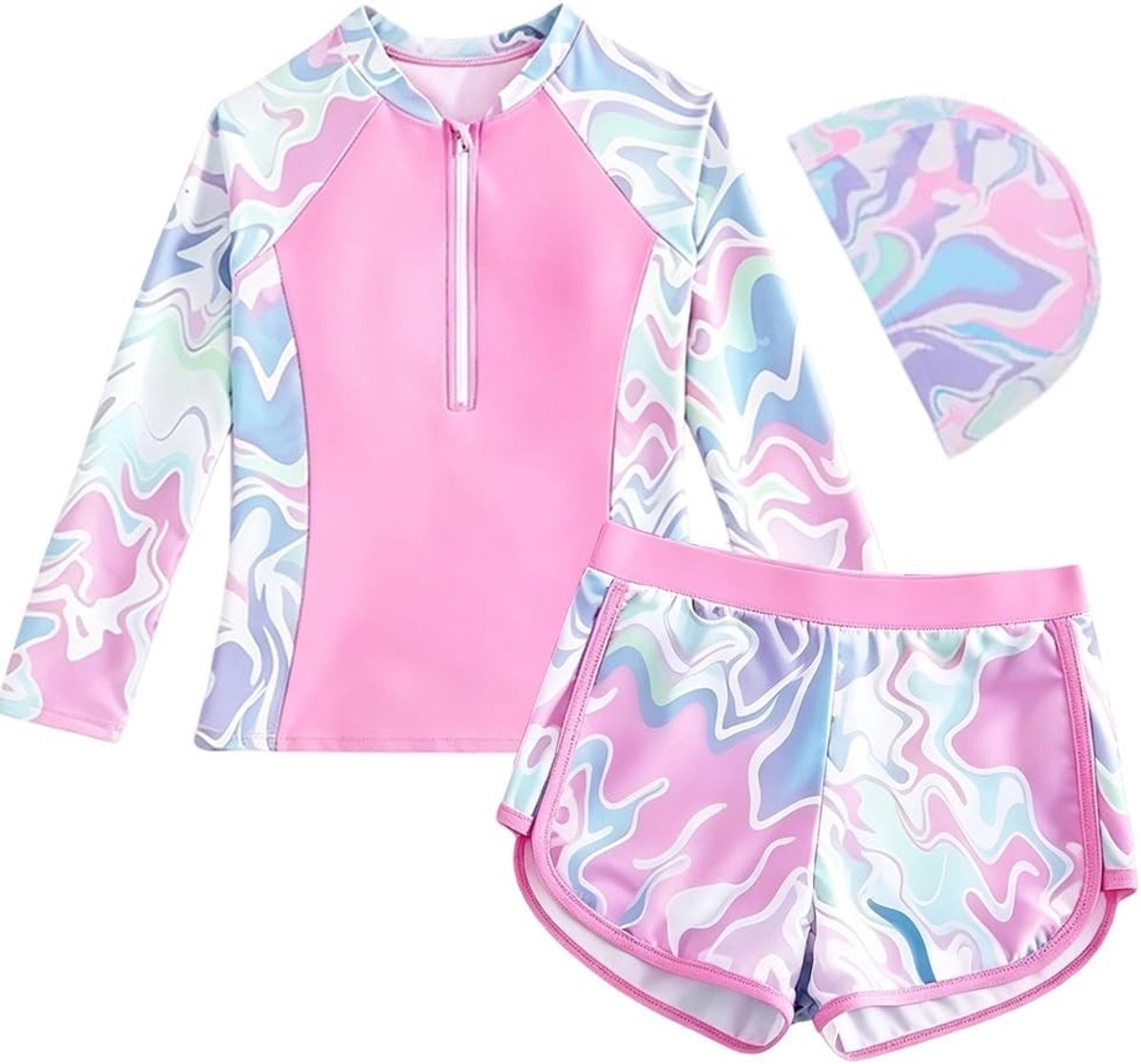 Rashguard Set voor Meisjes met UV-bescherming, Lange Mouwen, Verwijderbare Padding en Bloemenpatroon, Ideaal voor Zwemmen en Watersportactiviteiten