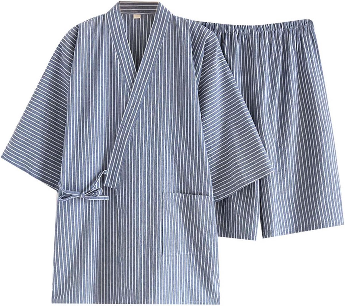 Traditionele Japanse pyjama, stijlvolle katoenen badjas kimono pyjama vrijetijdskleding voor mannen en vrouwen, blauw gestreept, Meerkleurig, M