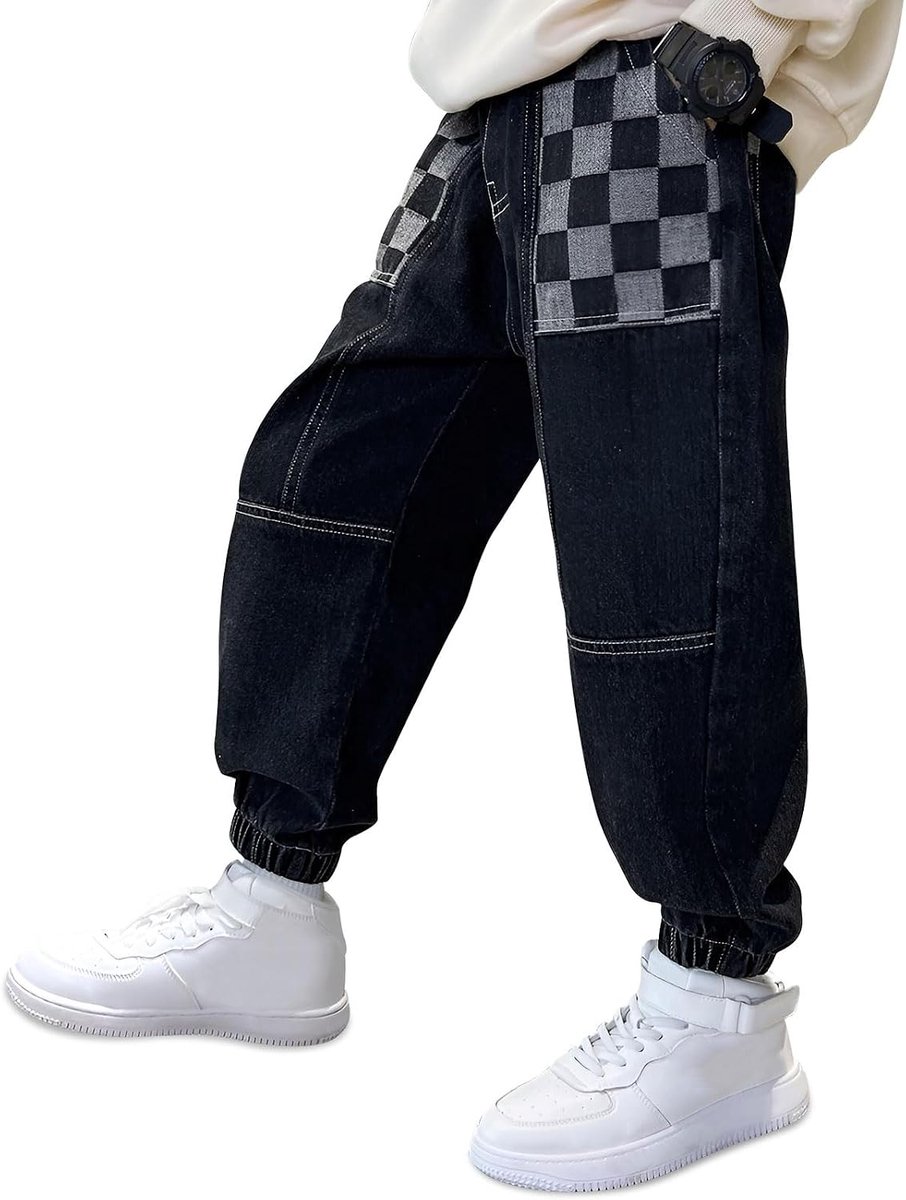 Jeans broek kids baggy casual denim broek met elastische tailleband en zakken loose fit zachte denim broek stretch jongens casual broek zonder knopen voor 6-14 jaar, maat 122-164