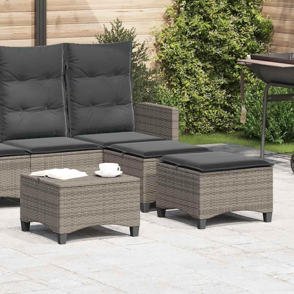 Set van 2 tuinkrukken met zitkussen, grijs, 55 x 55 x 36 cm, polyrotan voetenbankjes voor terras, balkon, tuin