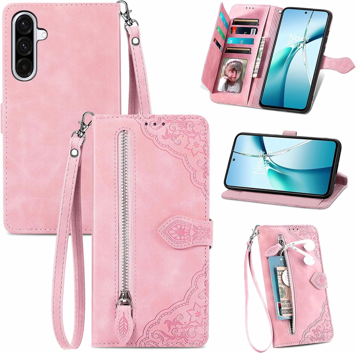 Hoesje voor Samsung Galaxy A56 5G, lederen portemonnee fliphoes met kaarthouder, standaard en handsband. Mooie bloemen schokbestendige beschermhoes voor Samsung Galaxy A56 5G, roze