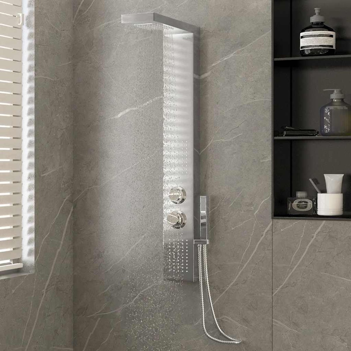 Roestvrij staal met massagesproeiers, waterval douchesysteem incl. handdouche, zilver