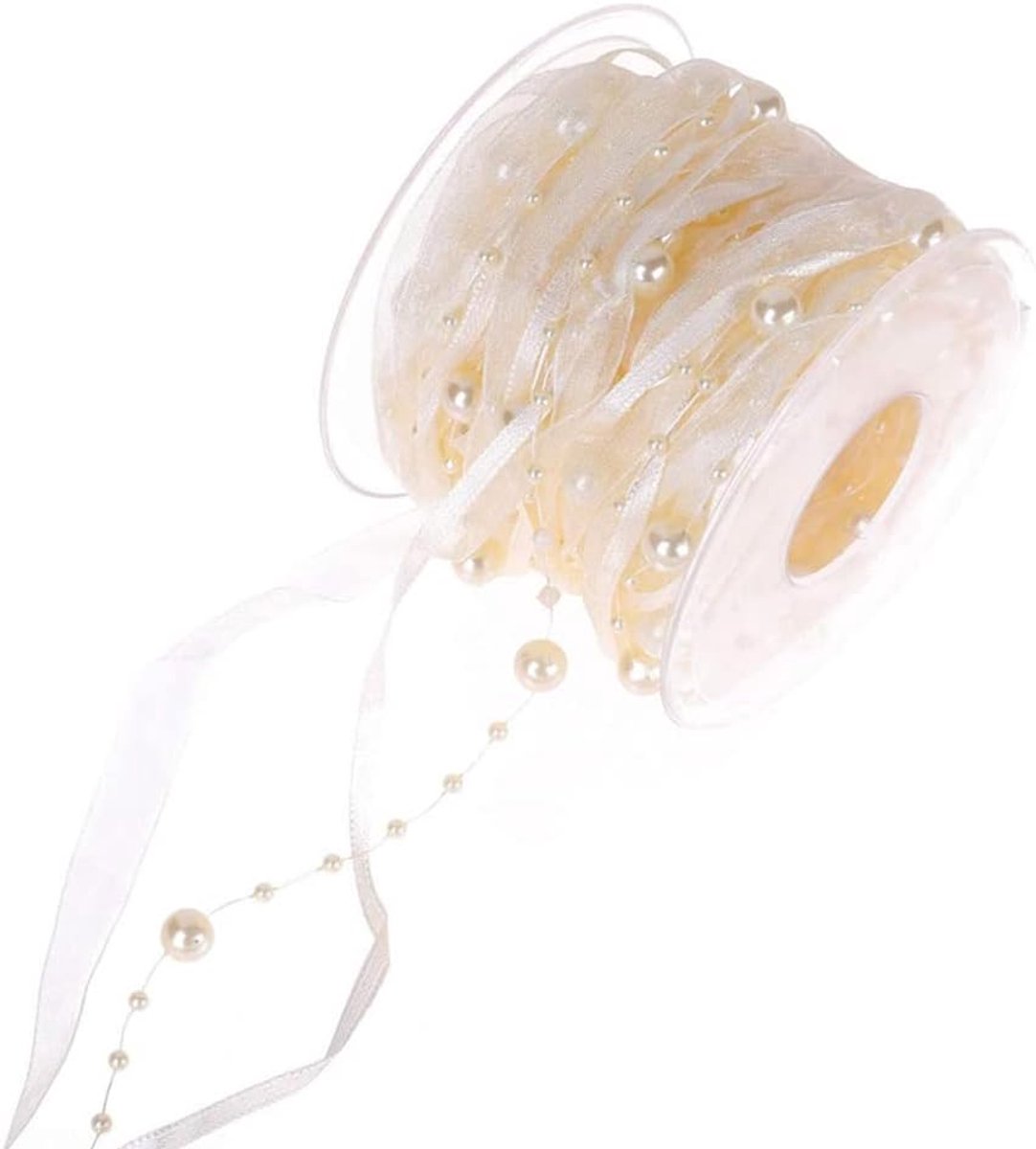 Parelslinger van 10 m met organza, 8 + 3 mm parelband, cadeaulint, trendyband, lint, decoratieve band, hangdecoratie, tafeldecoratie, decoratieve ketting voor bruiloft, Kerstmis, doop,