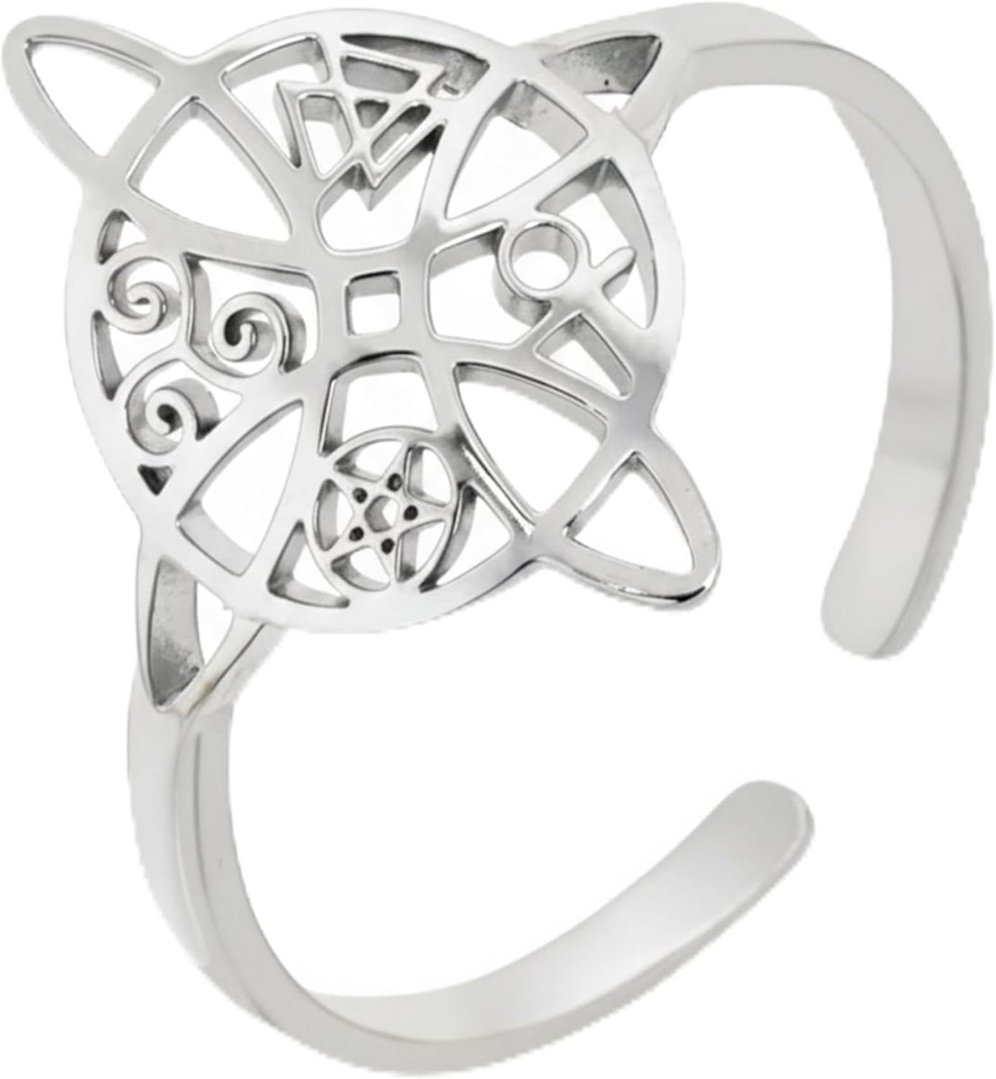 Faith Ring met heksenknoop voor dames, pentagram, Egyptisch kruis, verstelbaar, roestvrij staal, Triskel Talisman, Keltisch, magisch, beschermend