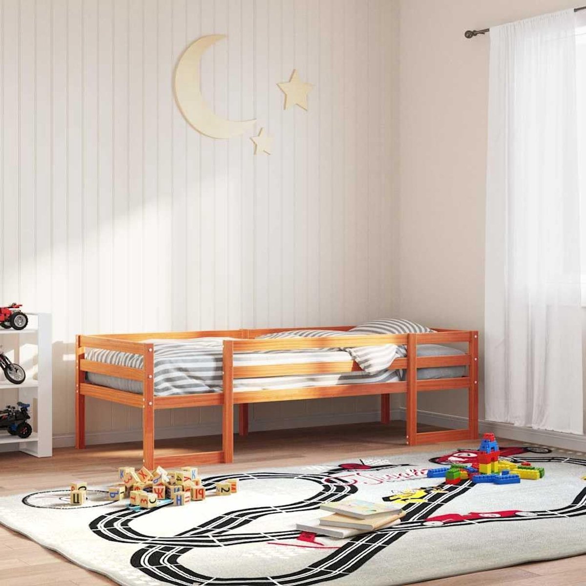 Grenenhouten veiligheidsreling bedframe 75x190 cm wasbruin