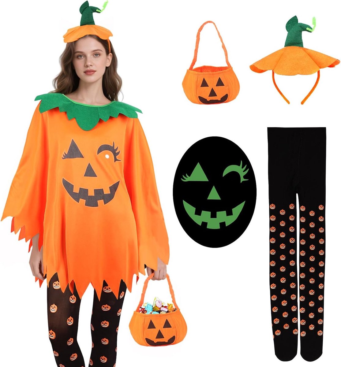 Pompoenkostuum voor dames, 4-delig glow-in-the-dark Halloween-kostuum Pompoen Grappig met pompoenhaarband & snoepzak & panty-set, Pompoenkostuum voor volwassenen Pompoenkostuue Pompoenjurk Carnafeest