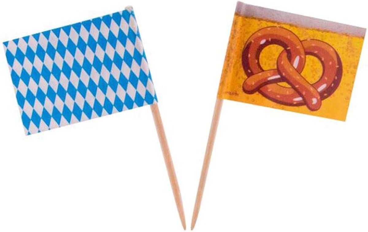 1 zakje met 50 feest-houten prikkers motief Beierse ruit/Bretzel Oktoberfest