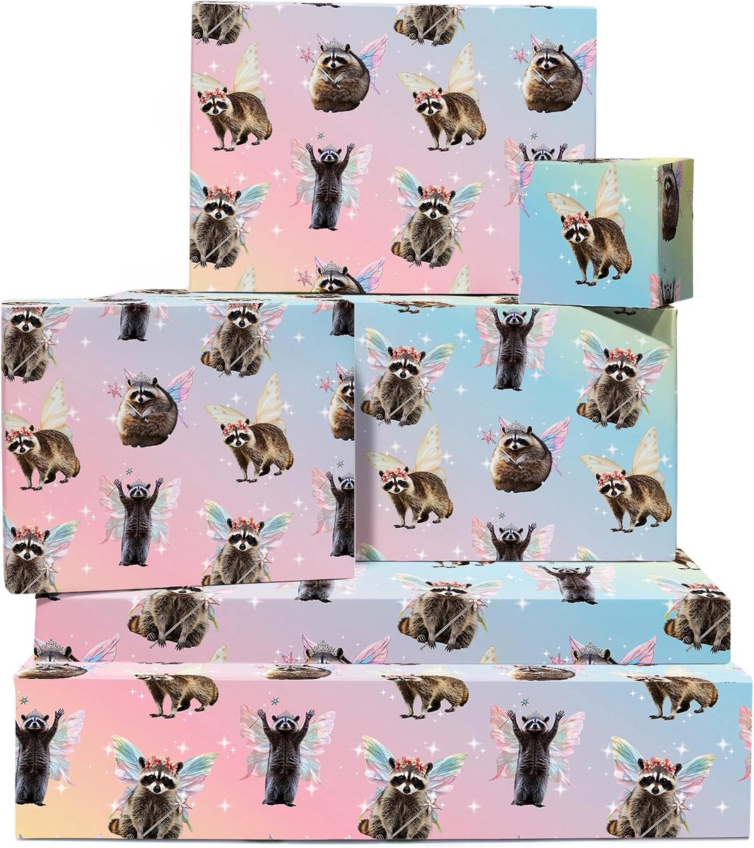 Cadeaupapier voor dames, 6 vellen milieuvriendelijk cadeaupapier met etiketten, wasberenfee, dieren, pastelkleuren, levering met stickers, incl. Central 23