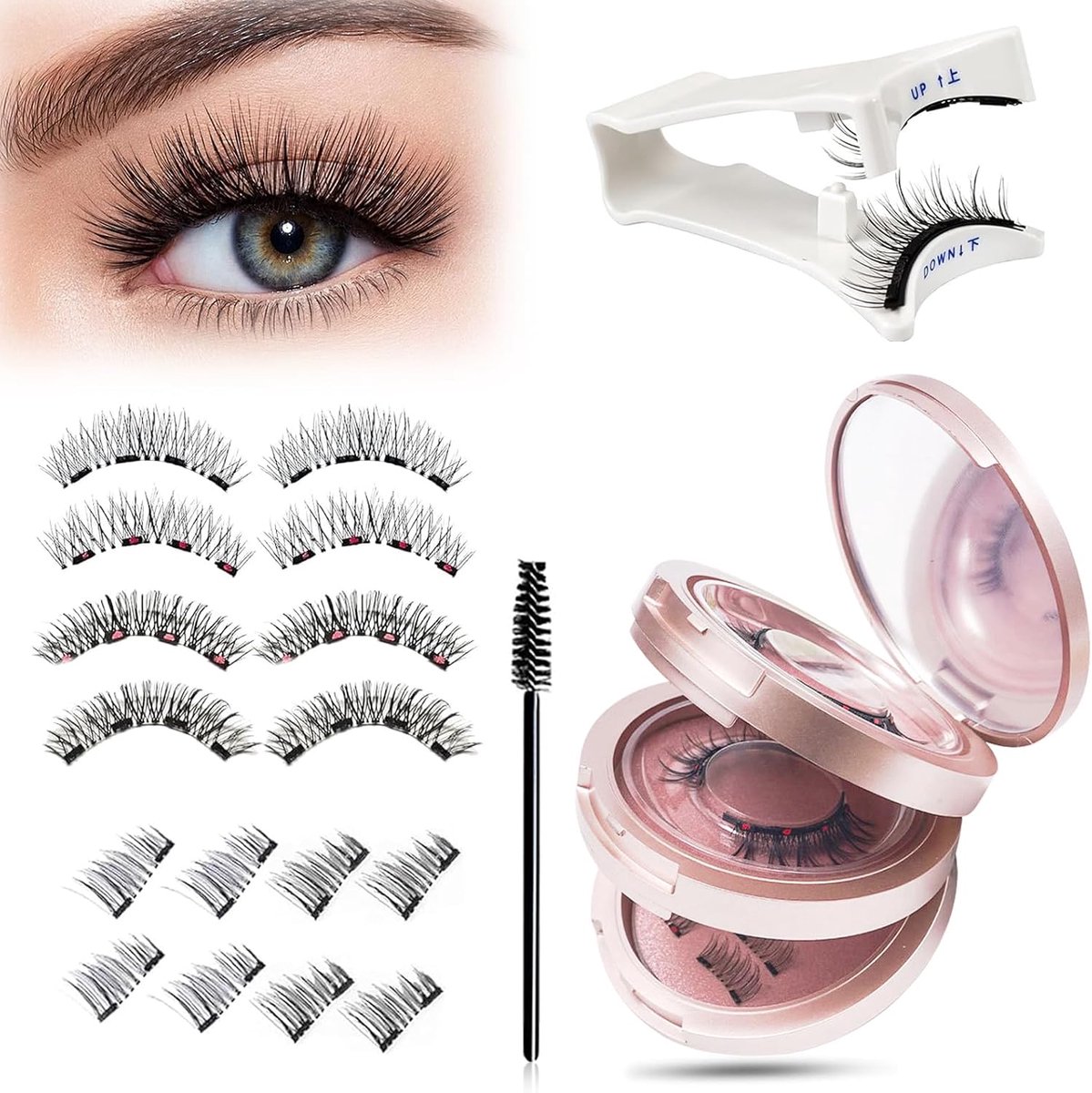 wimpers, 3 lagen met 16 stuks (6 paar), natuurlijke magnetische wimpers in 6 designs, inclusief applicator en borstel, herbruikbare kunstwimpers voor dames, make-up en cadeau-idee (Roze)