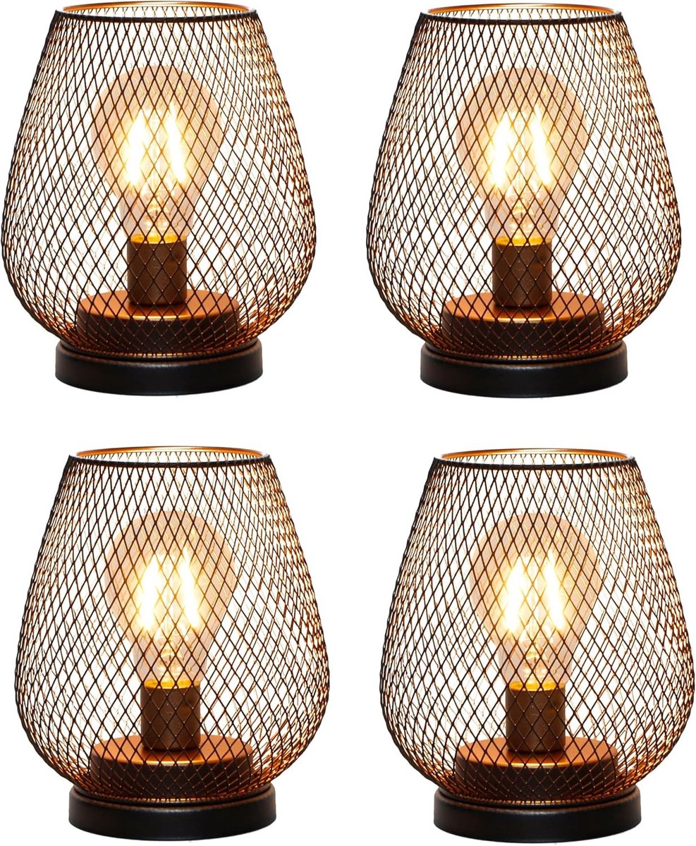 Set van 4 Buitentafellampen in Vintage Stijl met Draadkooi en LED Lamp voor Bruiloften, Feesten en Binnen- of Buitengebruik