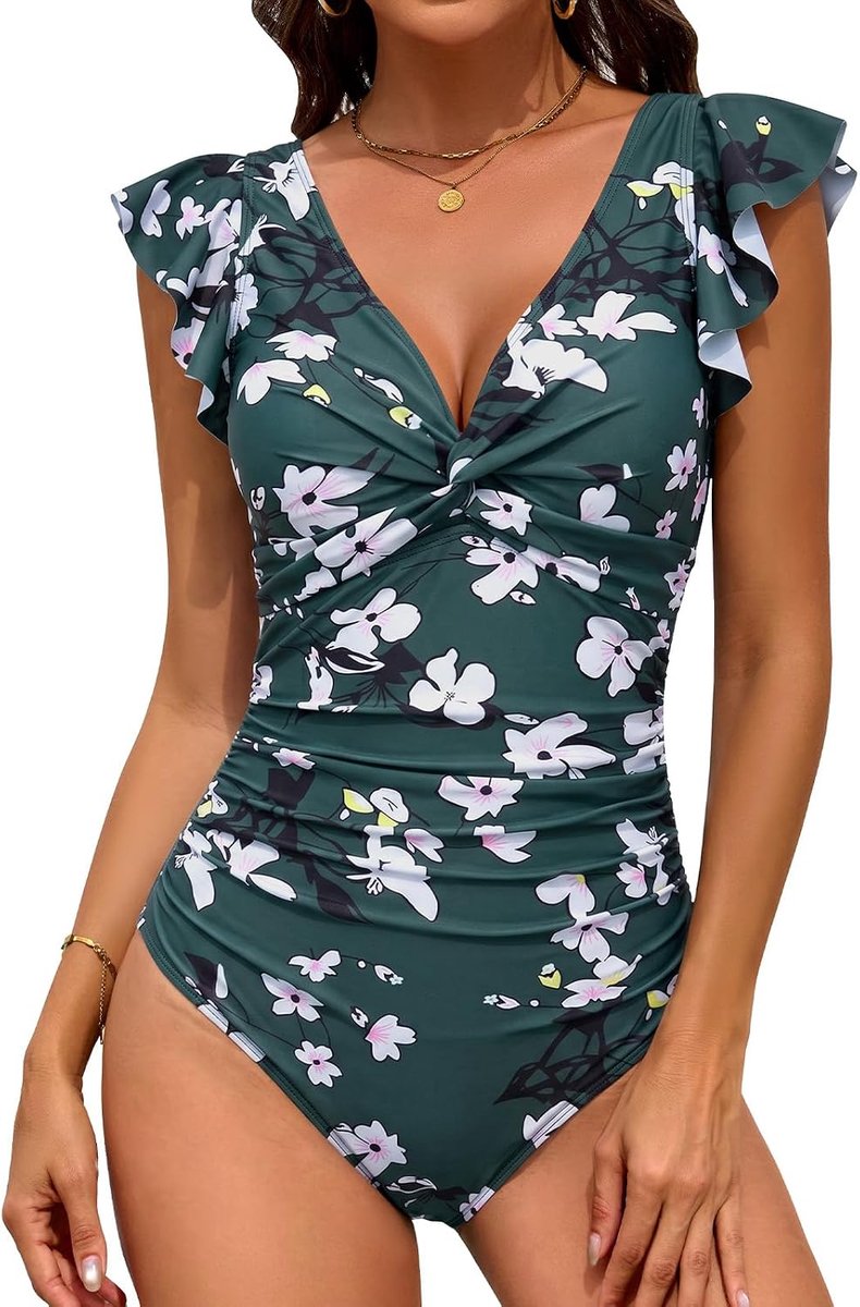 Badpak voor dames, 1 stuk, platte buik, ruches, V-hals, push-up, sexy badpak, blote rug, bloemen, modieus, strand en zwembad