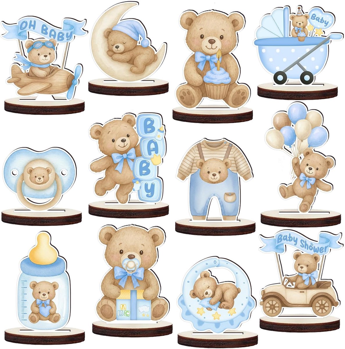 12 Stuks Houten Tafeldecoratie voor Babyfeesten - Stevige Beer Tafeldecoratie voor Gender Reveal - Dubbelzijdige Blauwe Beer Tafelsets