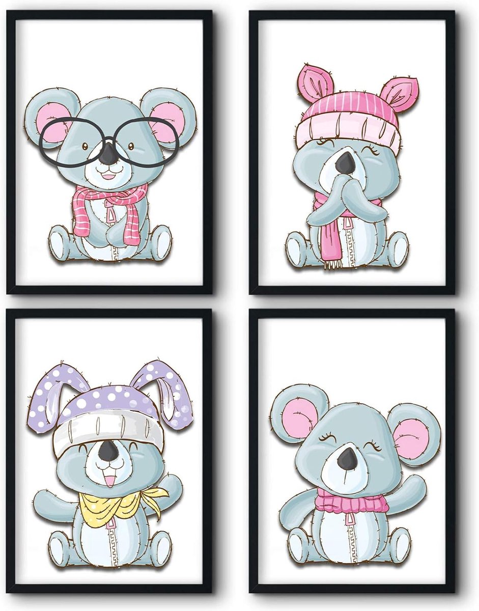 Bilderreich Set van 4 posters voor de kinderkamer, decoratieve afbeeldingen, babykamer, jongens en meisjes, kinderafbeelding voor aan de muur, 4 kant-en-klare afbeeldingen in zwarte lijst van hout, 4